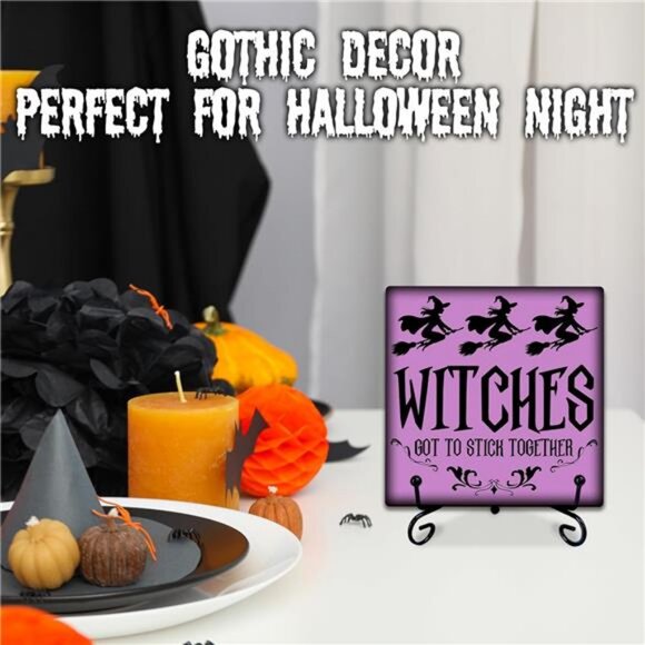 Halloween Wooden Sign with Metal Stand - Witches Got To Stick Together - 5 Inch - Picture 4 of 6